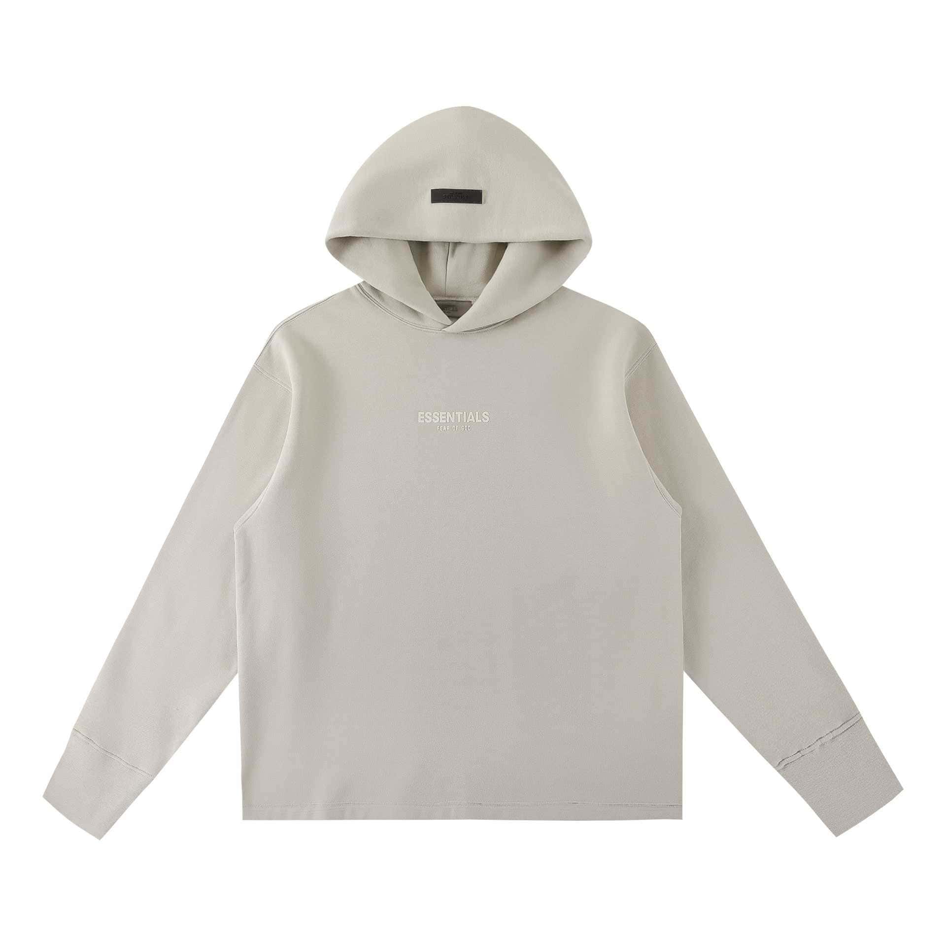 Hoodie with "ESSENTIALS" logo, neutral color, casual streetwear style, perfect for Kpop fans and merch collection.