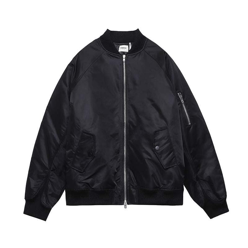 Black bomber jacket with zip closure and multiple pockets, perfect for K-pop merchandise fans seeking stylish and trendy apparel. Suitable for casual wear and concerts.