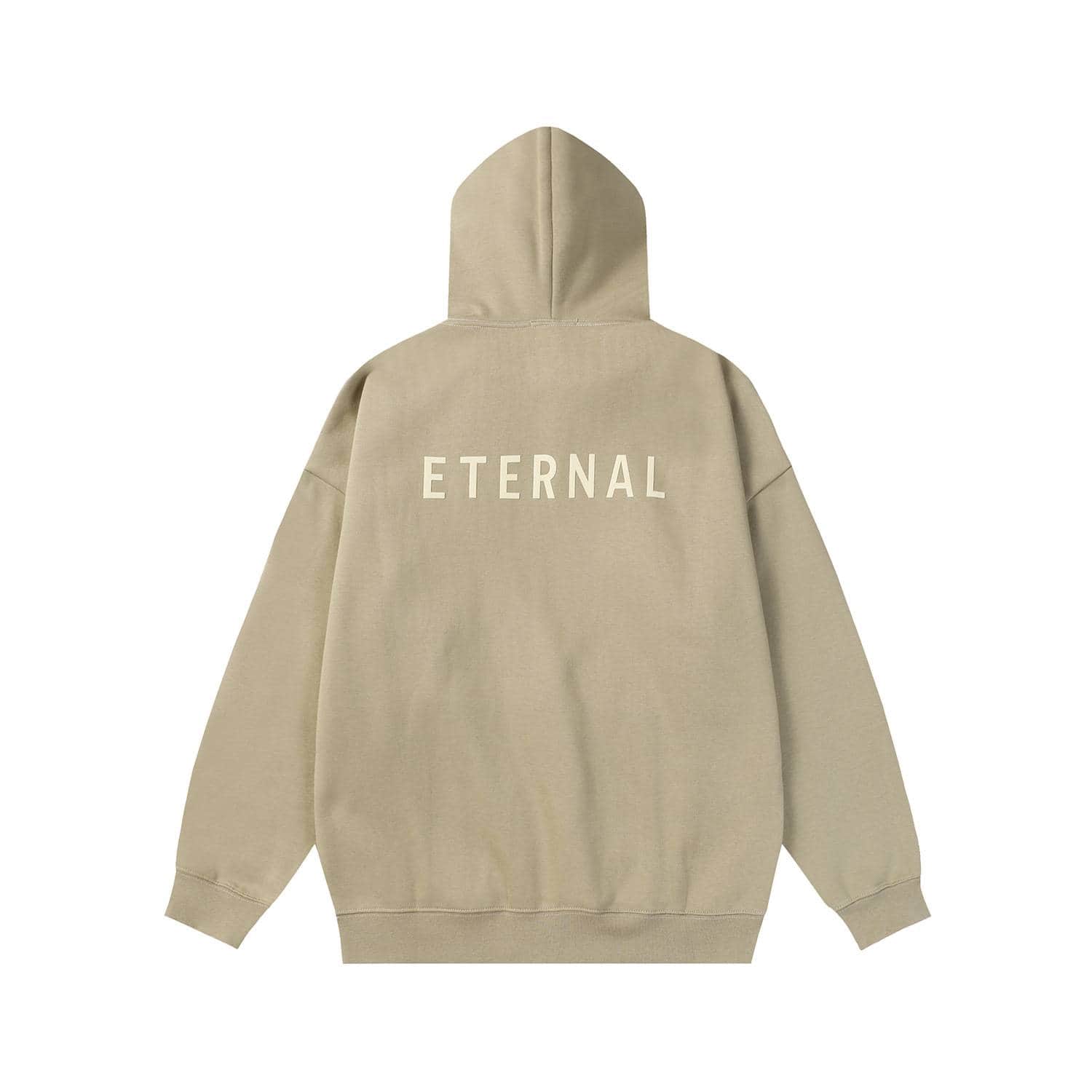 Minimalist beige hoodie with "ETERNAL" printed on the back, perfect for K-pop fans and streetwear enthusiasts.