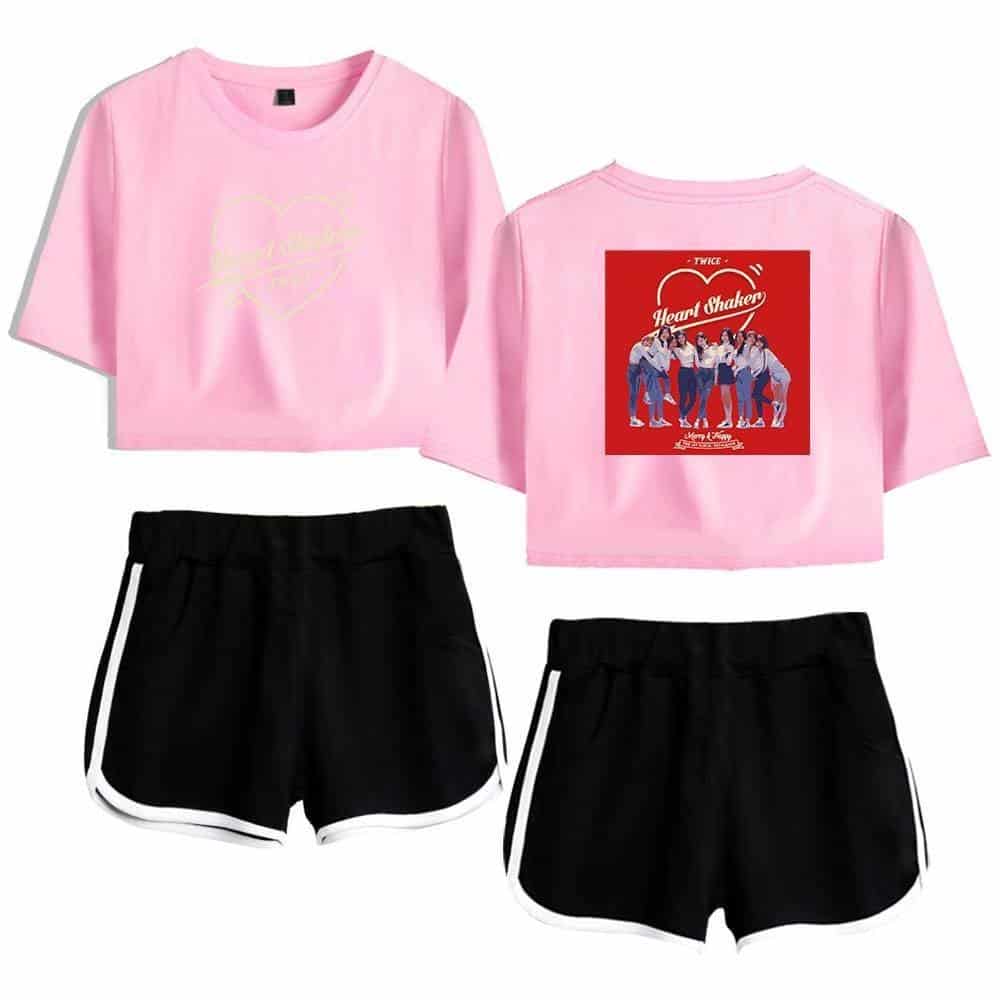 TWICE Kpop merch matching pink crop tops with group-inspired graphic design, paired with black shorts featuring white trim for a trendy and stylish look.