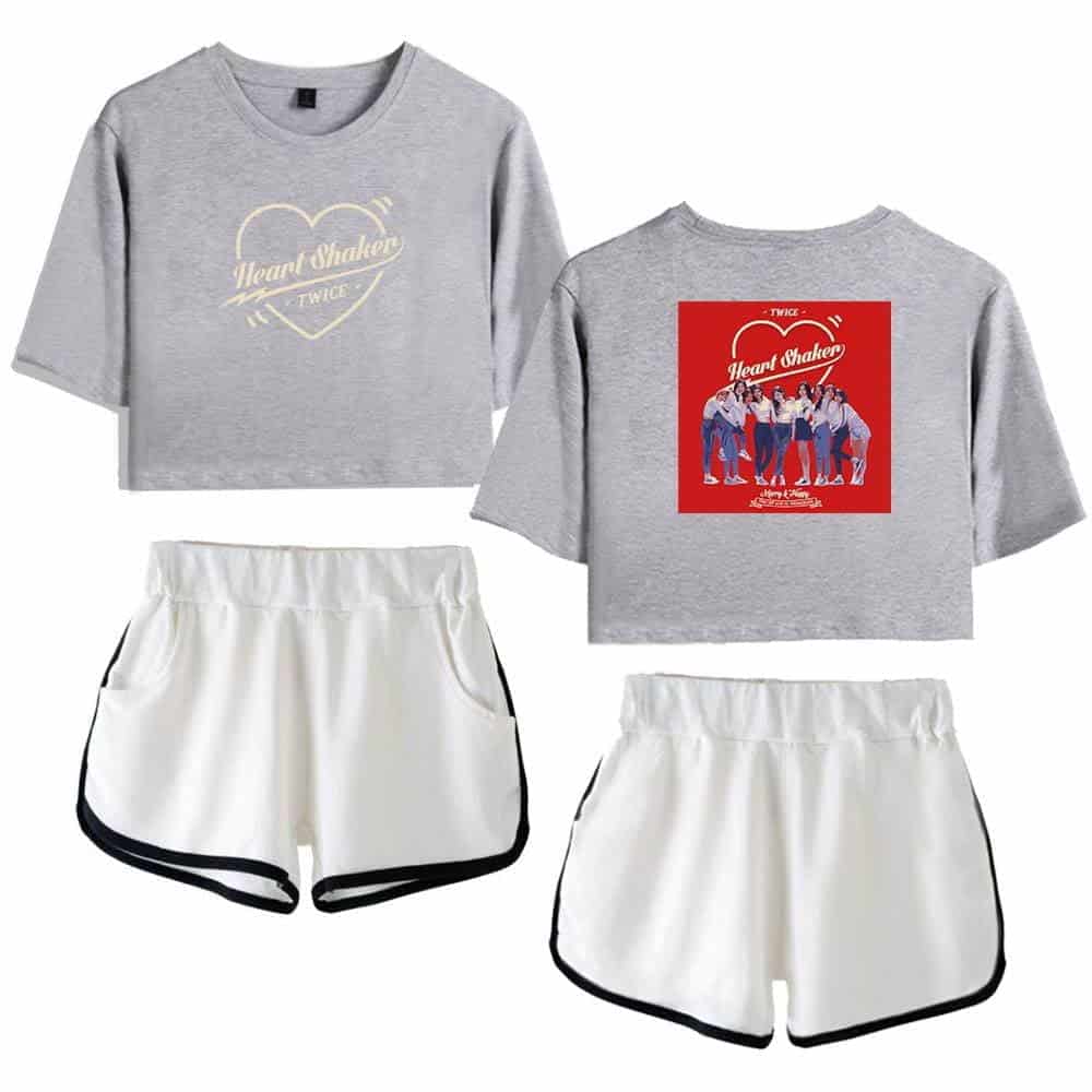 Heart Shaker TWICE fashion set with cropped sweatshirt and athletic shorts featuring black trim. Perfect for K-pop merch fans. Stylish casual wear inspired by TWICE's popular "Heart Shaker" album.