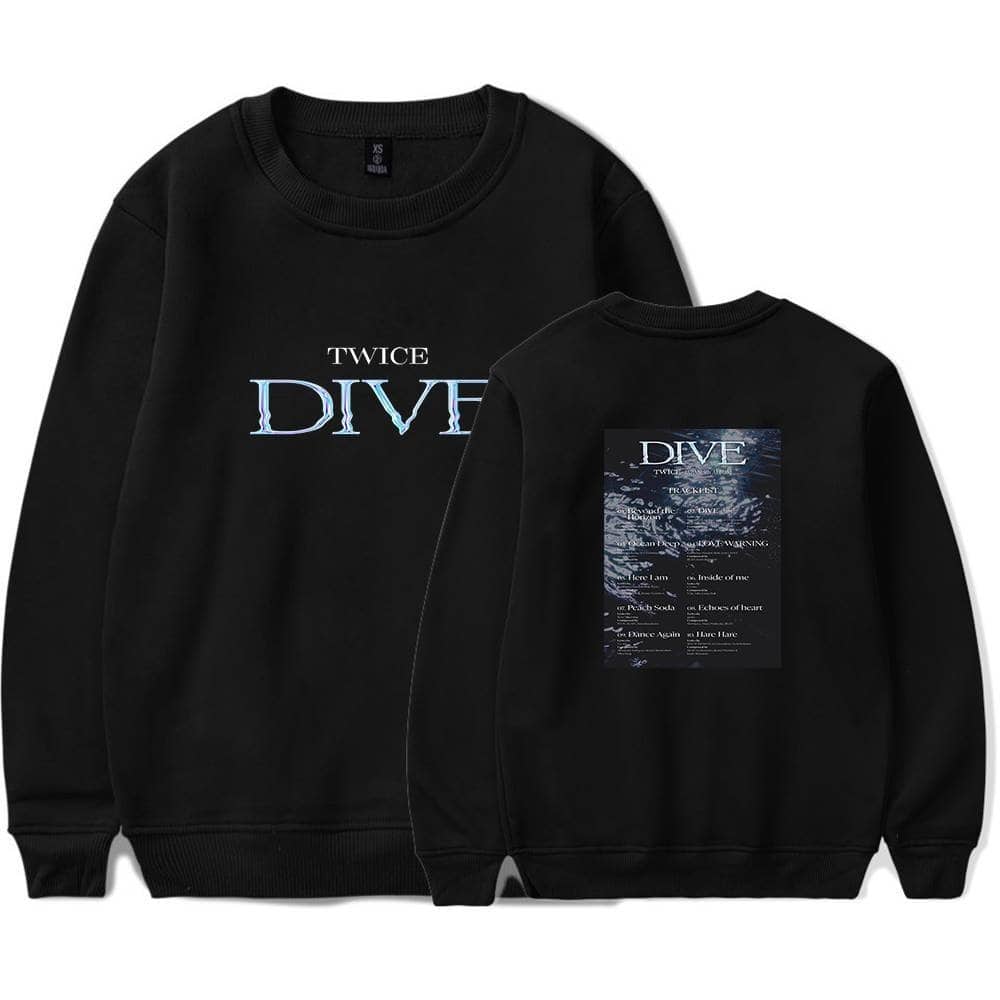 TWICE DIVE sweatshirt with underwater theme music track list print, perfect for K-pop fans.