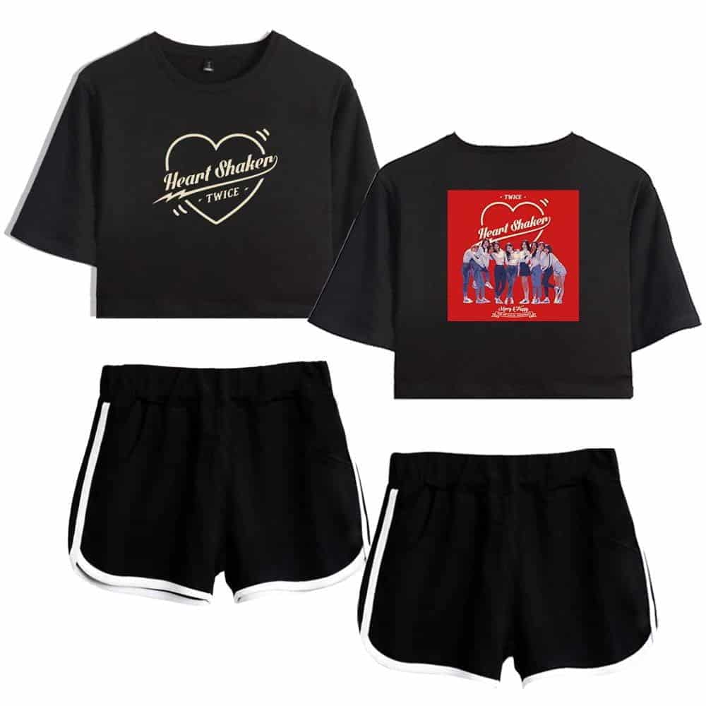 Heart Shaker TWICE K-pop merchandise set including two crop tops and matching shorts, perfect for fans to showcase their love for the popular K-pop girl group. Styled for casual or concert wear.