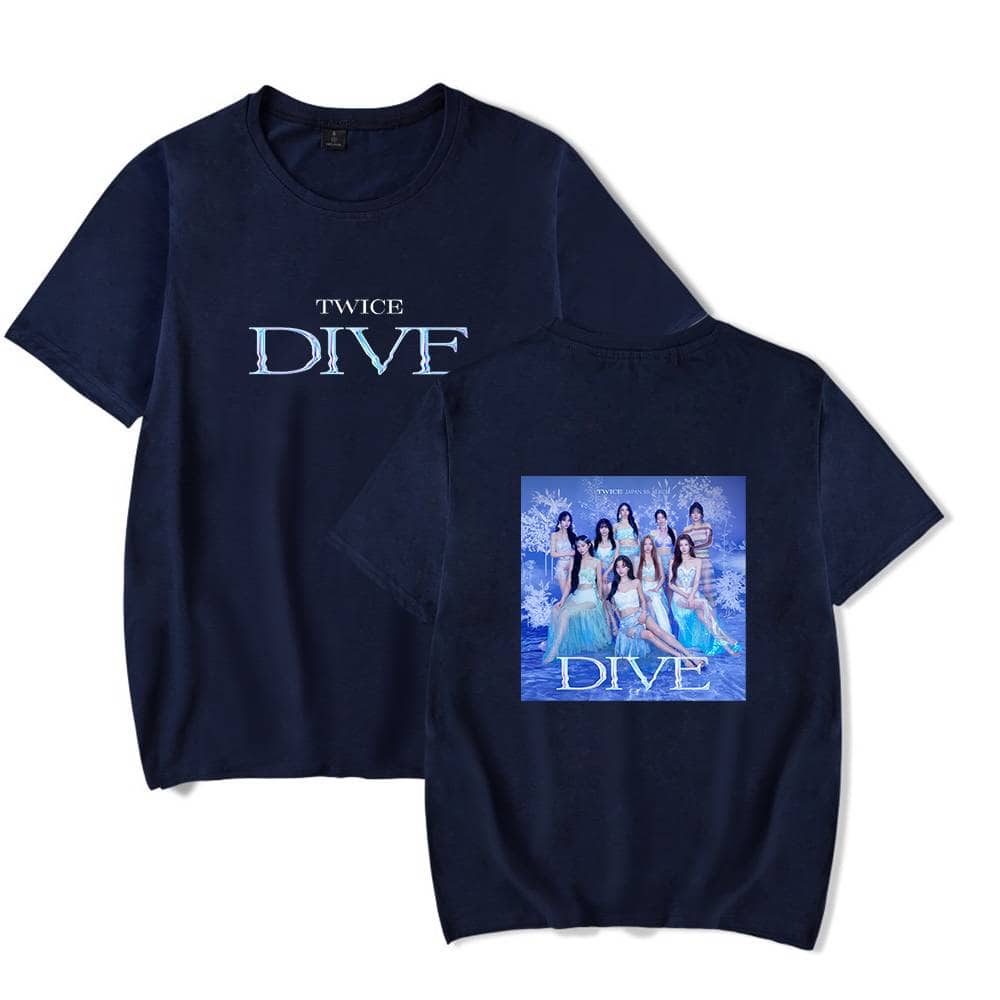 Twice kpop merch, twice kpop merch, two matching kpop T-shirts featuring the girl group TWICE with "DIVE" text and group photo, ideal for fans to showcase their support for TWICE in style, perfect for concerts and casual wear, vibrant and trendy design.