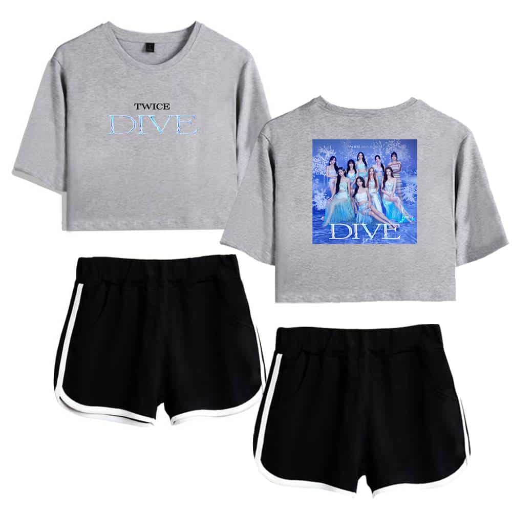 Dua T-shirt set featuring TWICE's "DIVE" concept, paired with black shorts with white trim, perfect for K-pop fans. Stylish, comfortable, and ideal for showcasing K-pop merch enthusiasm.