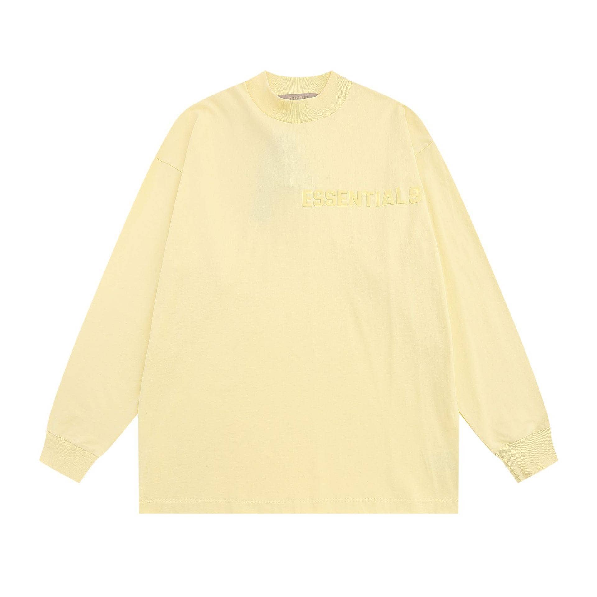 Sweatshirt with "ESSENTIALS" embroidered, yellow oversized K-pop merch clothing piece for fans.
