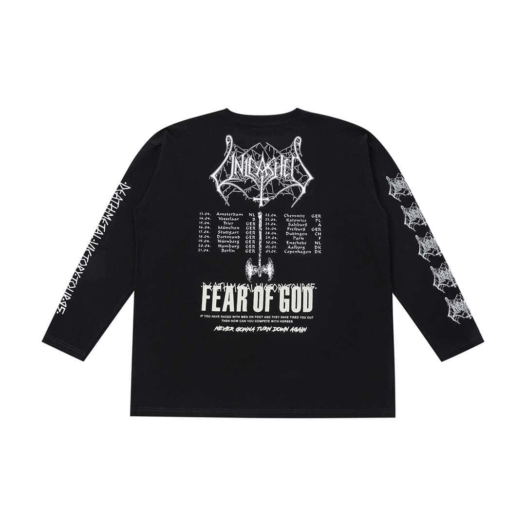 Fear of God band tour black long sleeve T-shirt with tour dates and graphic print, K-pop merchandise featuring dark aesthetic style, perfect for fans and collectors of K-pop apparel.