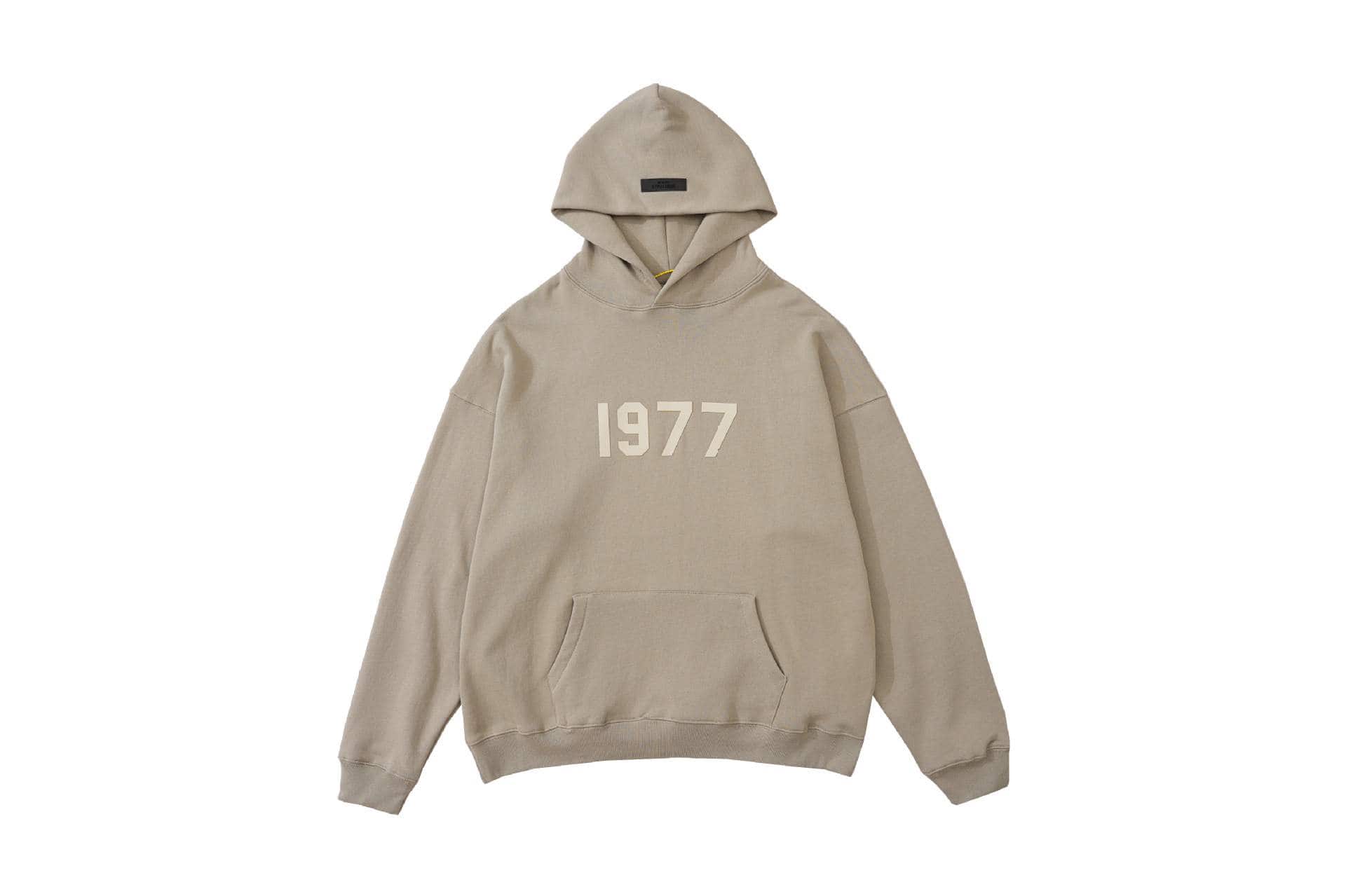1977 beige hoodie with large front pocket and hood, classic casual style, perfect for fans of K-pop merchandise, versatile and comfortable for everyday wear.
