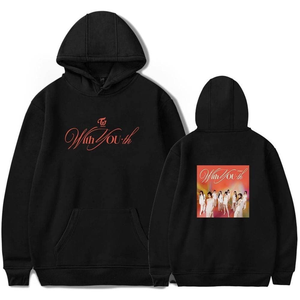 Black hoodie with TWICE album art and lyrics, K-pop merch, stylish and comfortable, perfect for fans and collectors.