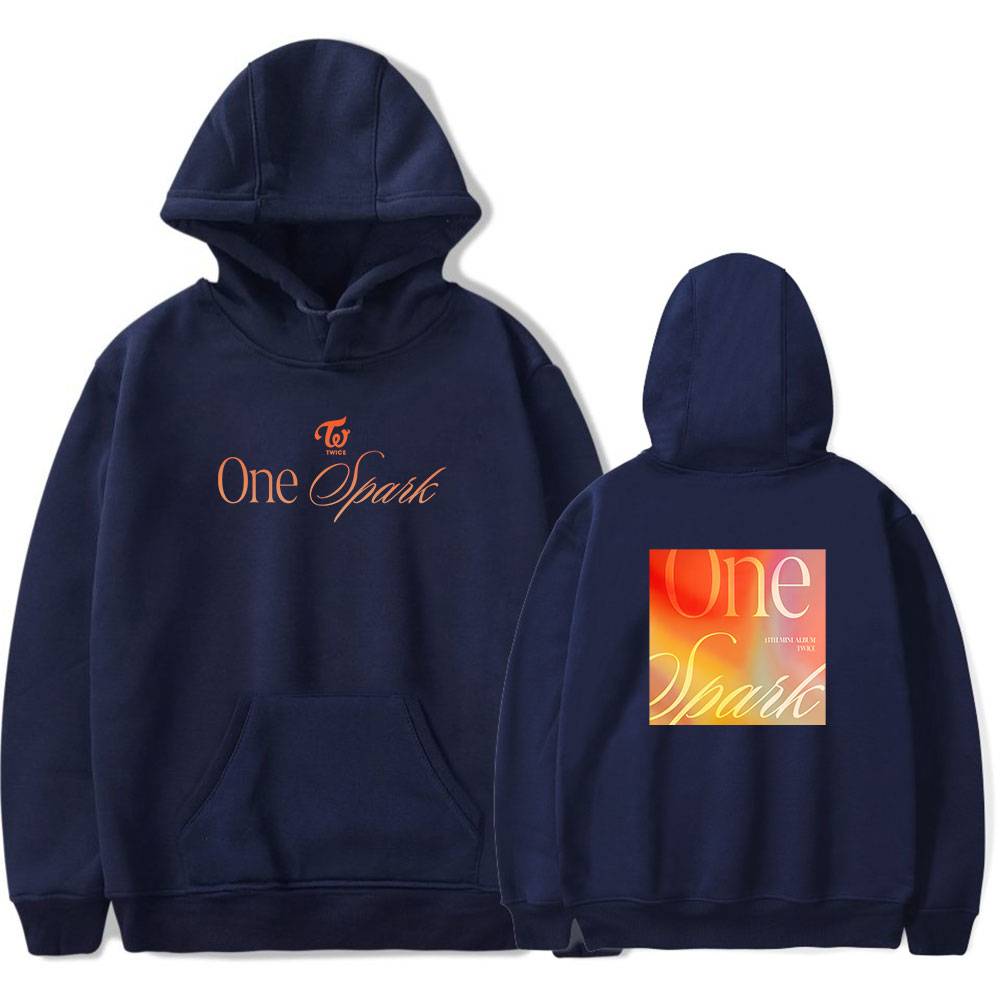 Twice kpop merch navy hoodie with "One Spark" text and logo, front and back design, perfect for fans and collectors of K-pop memorabilia.