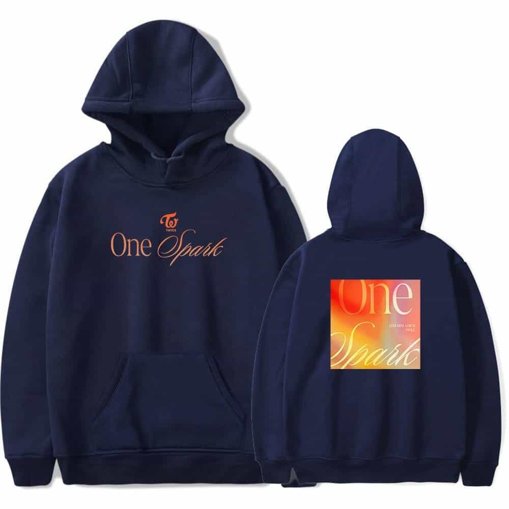 Hoodie with "One Spark" text and logo, navy blue, K-pop merchandise.