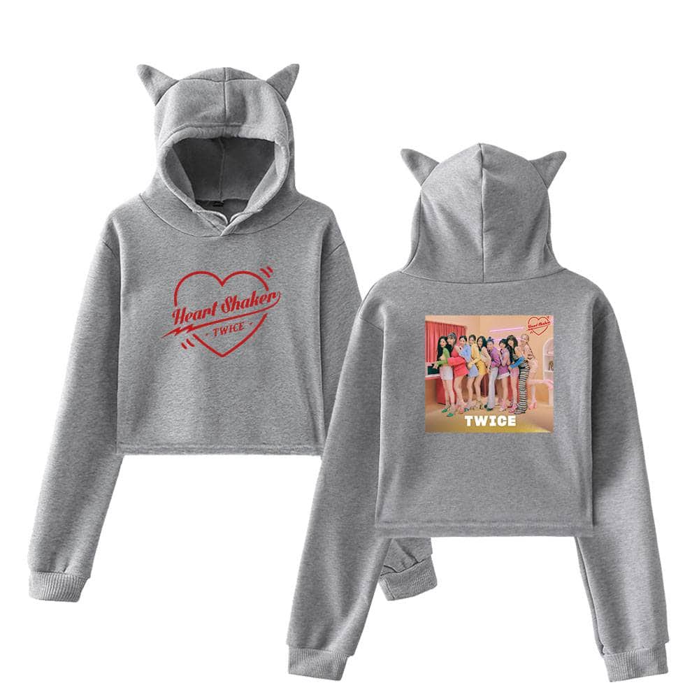 Heart Shaker TWICE hoodie with cat ear hood, grey sweatshirt, popular Kpop merchandise, cute and stylish TWICE fan apparel, perfect for Kpop fans and collectors.