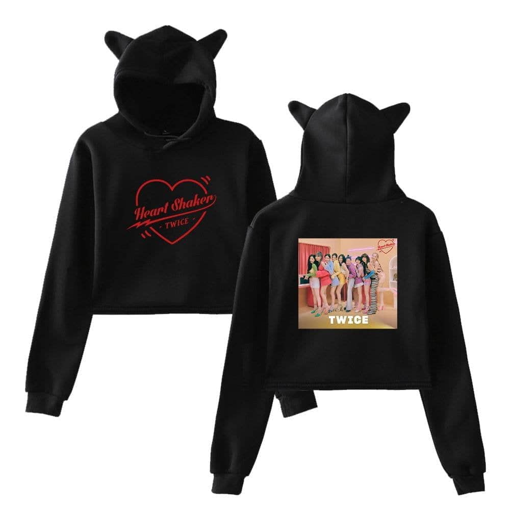 Heart Shaker TWICE black hoodie with cute cat ears, featuring group photo and logo, perfect for TWICE fans and Kpop merch collectors.