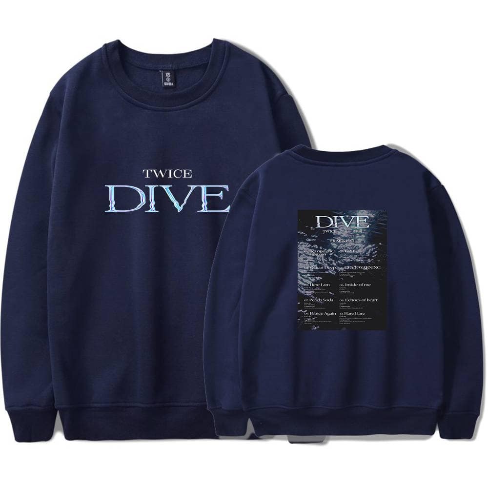 Twice kpop merch, navy blue sweatshirt with "DIVE" printed on front and ocean-inspired design on back, ideal for fans of TWICE, featuring song lyrics and aesthetic graphics.