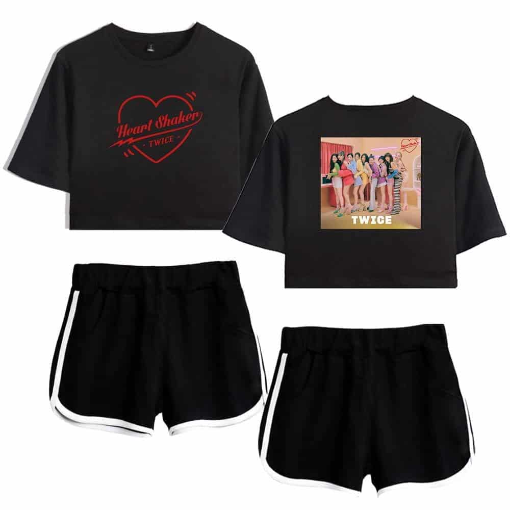 Heart Shaker TWICE black crop top and shorts set, featuring TWICE group photo and logo, perfect for K-pop fans. Stylish and comfortable K-pop merchandise for everyday wear or concerts.