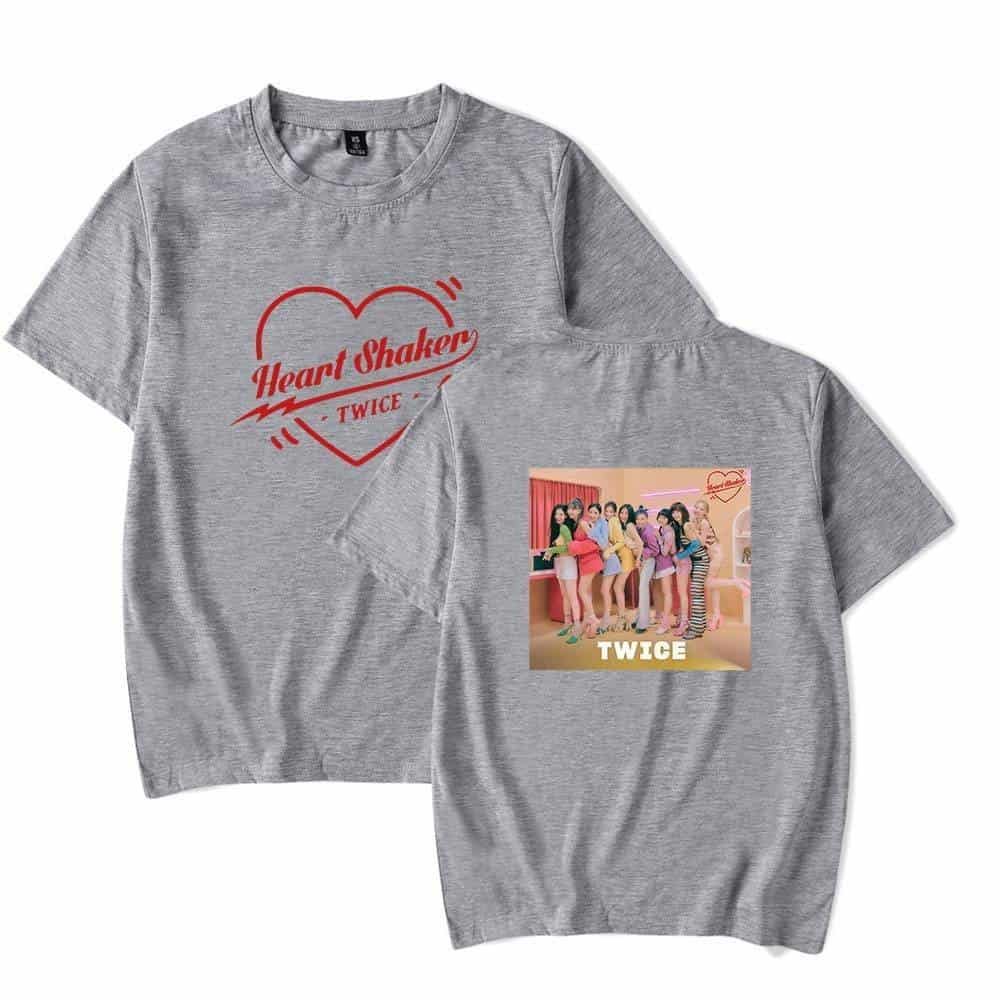 Heart Shaker TWICE K-pop merchandise t-shirts featuring TWICE's group photo and iconic Heart Shaker design, perfect for fans.
