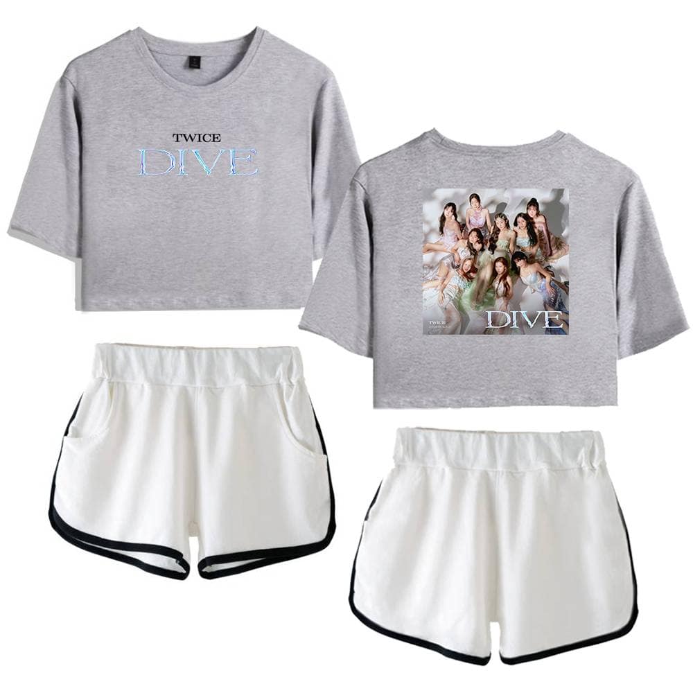 TWICE DIVE cropped sweatshirt and shorts set, featuring group photo and logo, perfect for K-pop fans to showcase their fandom style. Double the fun with this trendy, comfortable K-pop merch.