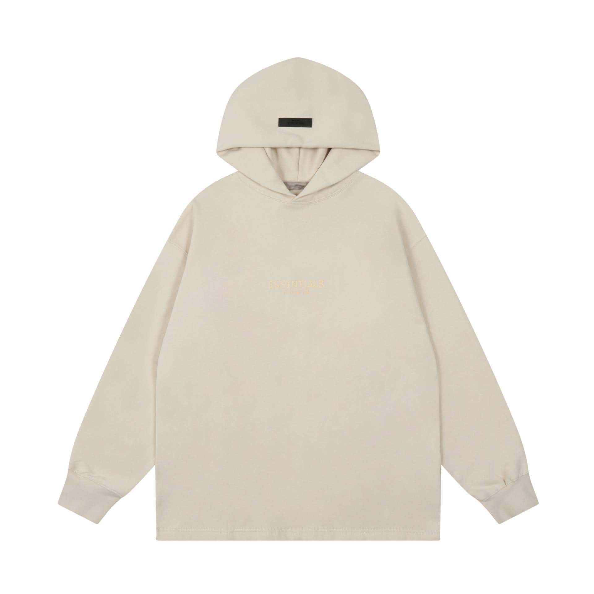 Cream hoodie with minimalist design, subtle embroidered "ESSENTIALS" text, and relaxed fit, perfect for casual K-pop merch collectors.