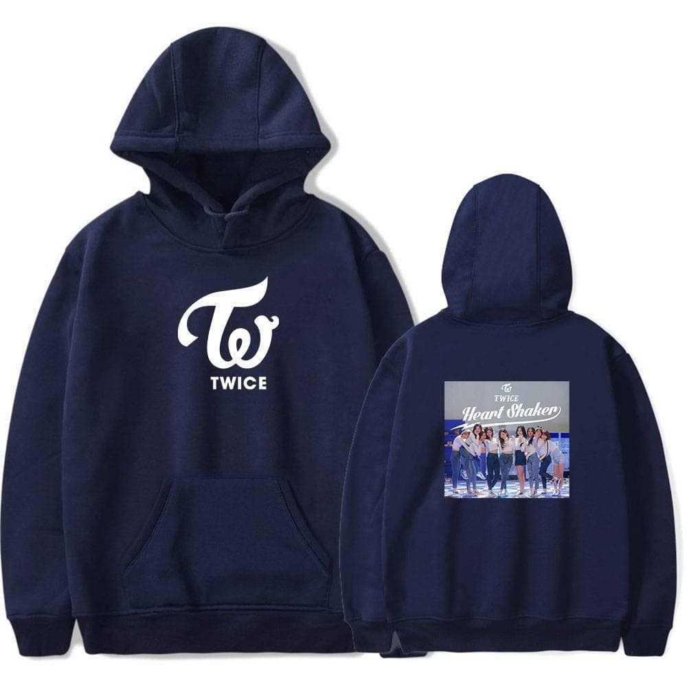 Twice kpop merch hoodie front and back with group image, perfect for fans of TWICE kpop group, stylish and cozy, featuring the group's logo and photo on the back.