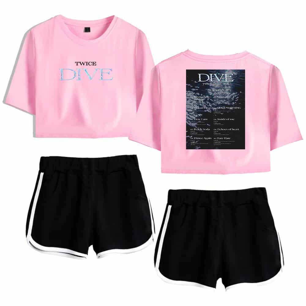 Dye pink TWICE DIVE graphic crop top and black shorts set, BTS K-pop merchandise, fashionable casual wear for fans, comfortable and trendy style for K-pop enthusiasts, perfect for concerts and everyday outfits.
