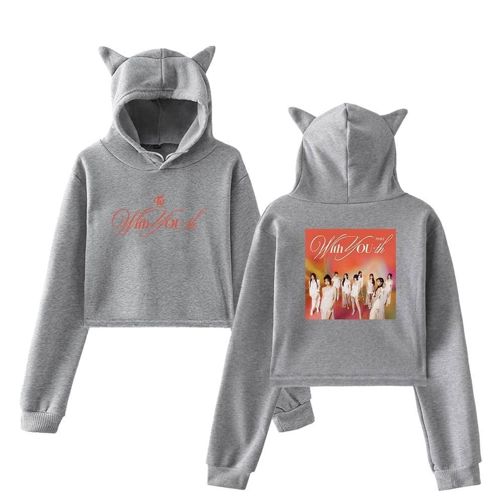Wings of TWE or TWICE Girls Kpop Hoodie Set with Cat Ears, Soft Gray Fabric, Front and Back Designs Featuring Group Image and Text, Perfect for Kpop Collectors and Fans.