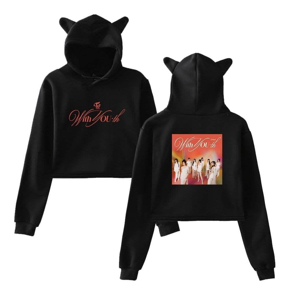 With You 4th Birthday K-pop hoodie with cat ears, black sweatshirt featuring group photo and elegant script text. Perfect for fans celebrating the group's milestone or casual K-pop merchandise collection.