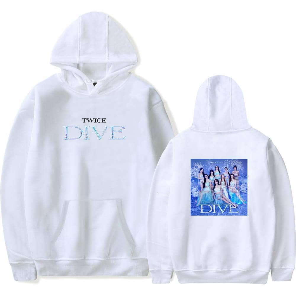 TWICE DIVE white hoodie with group image on back and embroidered text on front, perfect for K-pop fans and merchandise collectors.