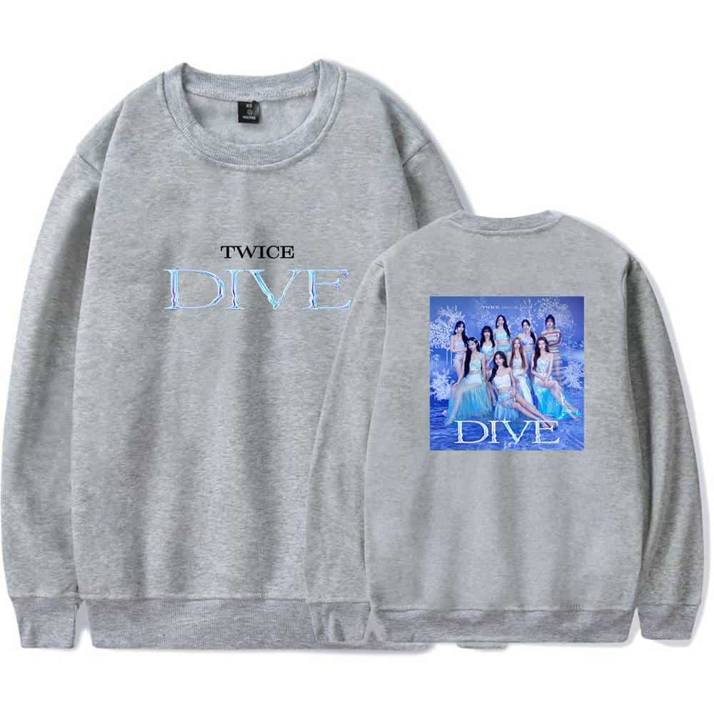 TWICE K-pop merch sweatshirt with colorful "DIVE" text and a group photo back design, perfect for fans and collection.