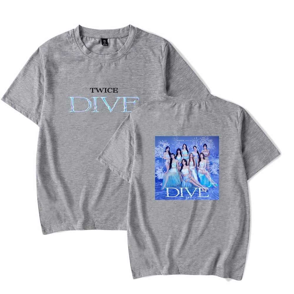 TWICE DIVE T-shirt with group photo and graphic design, casual unisex apparel, perfect for K-pop fans, comfortable cotton fabric, gray color.