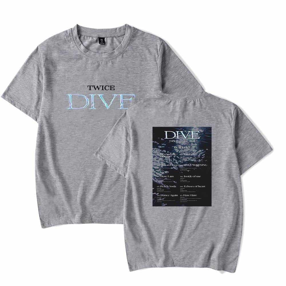 Diverse TWICE DIVE album T-shirt with ocean-themed design and lyrics printed on the back. Perfect for K-pop fans and merchandise collectors. Gray casual wear featuring TWICE's DIVE concept.