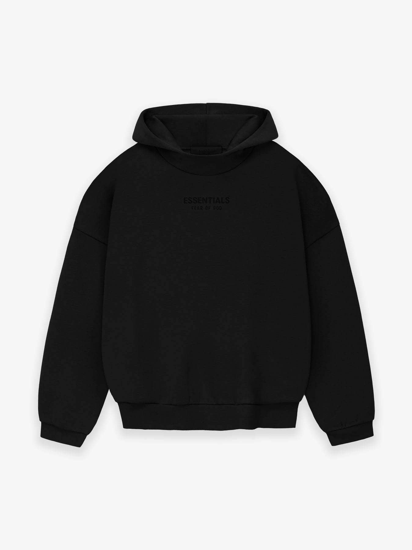 FEAR OF GOD Essentials black hoodie, minimalist streetwear with subtle logo, blank design, comfort fit, versatile casual fashion, high-qualitymaterial.