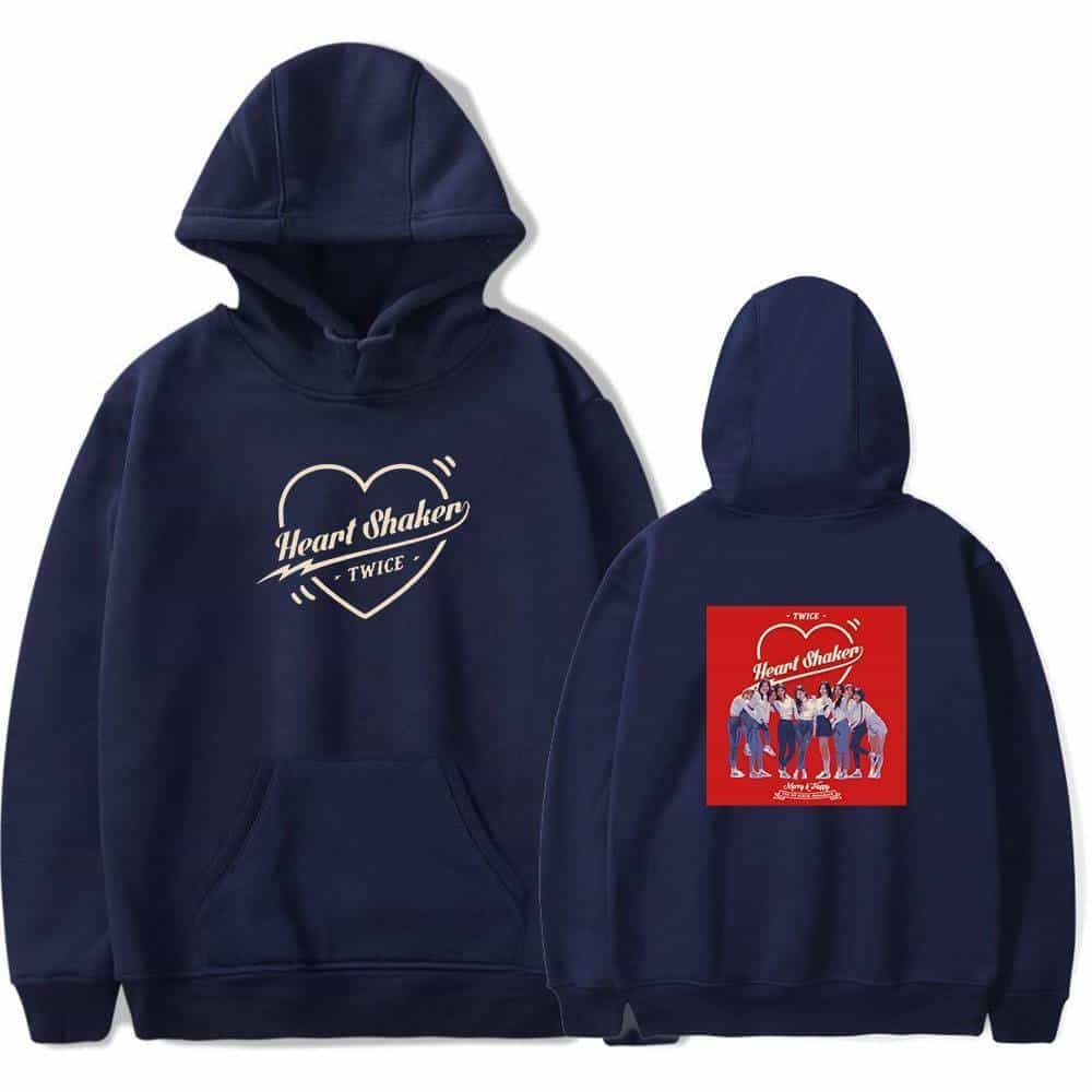 Heart Shaker TWICE K-pop hoodie with front and back designs.