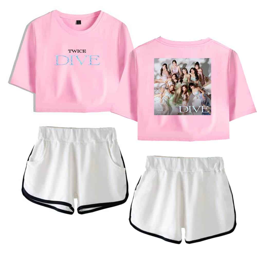 Diverse TWICE DIVE pink and white K-pop merch set featuring T-shirt and shorts with group photo on back. Perfect for fans to display their love for TWICE. Stylish and comfortable for casual wear.