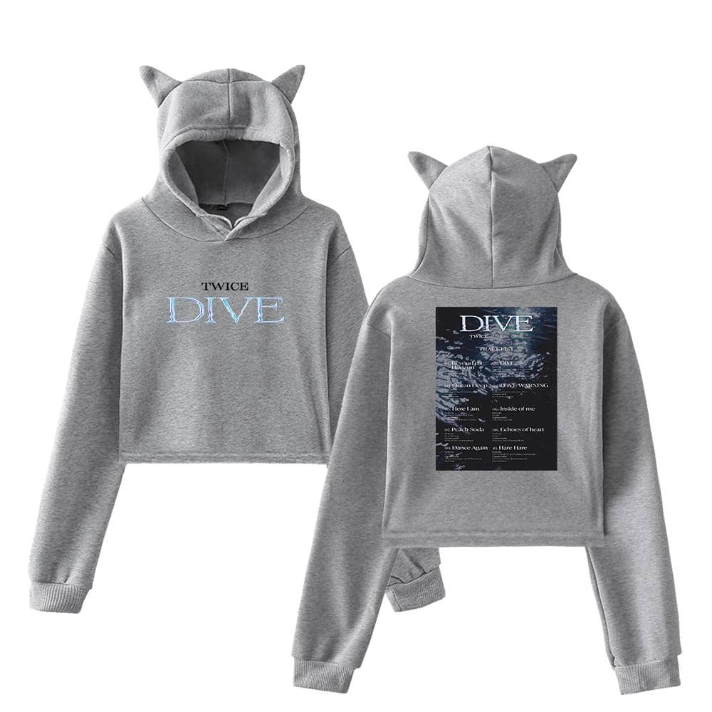 Twice kpop merch hoodie set with cat ears, grey fabric, and DIVE album print for fans of TWICE, perfect for expressing your love for K-pop style and music.