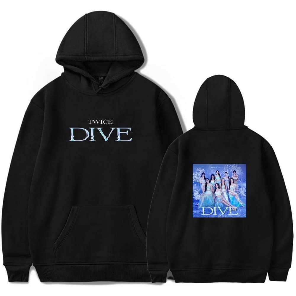 Diverse TWICE DIVE hoodie featuring group members and ocean-themed design, perfect for K-pop fans and merchandise collection. Ideal for wearing at concerts or casual outings.