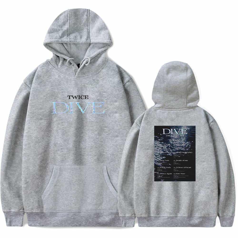 Twice kpop merch hoodie with ocean graphic and text design, oversized fit, gray color, perfect for fans of TWICE and K-pop fashion, unisex streetwear style, ideal for everyday casual wear, comfortable and trendy for all ages.