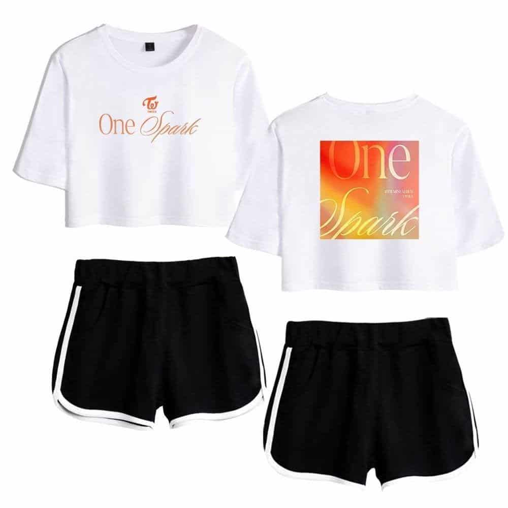 White cropped t-shirts with "One Spark" and "One Upah" text and shorts set.