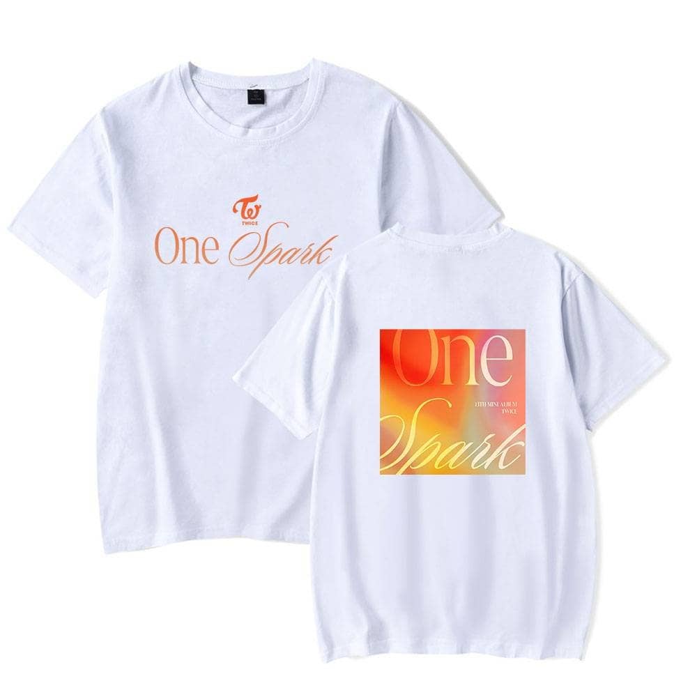 TWICE Kpop merch T-shirt set featuring "One Spark" design and colorful graphic back print. Perfect for fans to showcase their support for the K-pop girl group TWICE. Unisex fit, soft cotton material, ideal for styled casual wear.