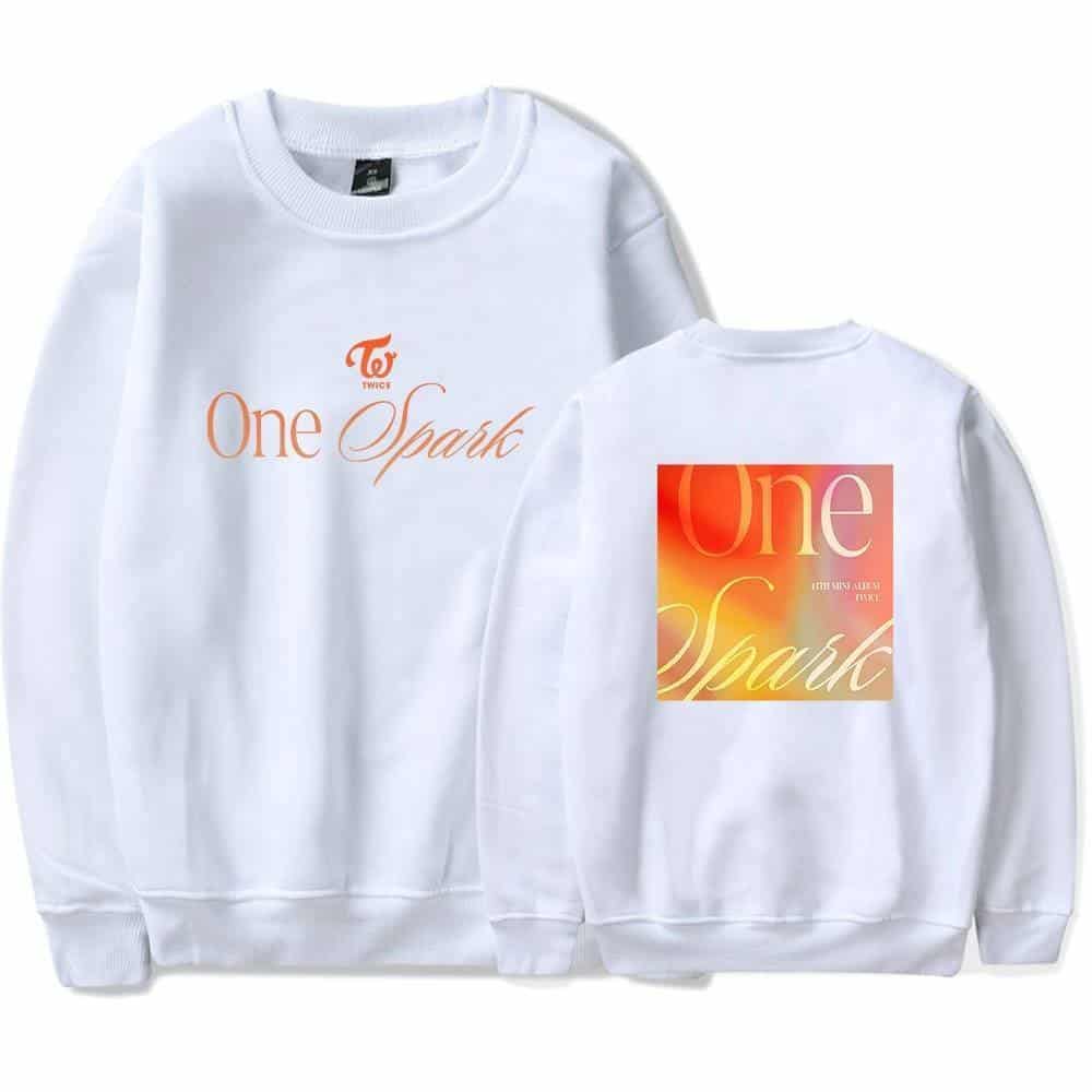 Twice kpop merch sweatshirt with "One Spark" design and vibrant color block back print.