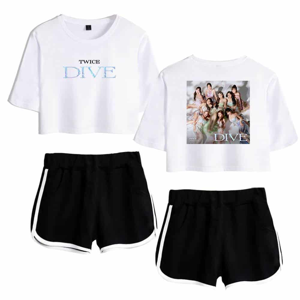 Twice Kpop merchandise set featuring two cropped white T-shirts with group images and text, paired with stylish black shorts with white side stripes. Perfect for fans and casual wear.