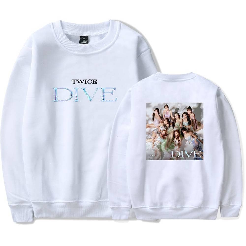 Twice kpop merch, twice kpop merch, New white crewneck sweatshirt featuring the girl group TWICE with the word "DIVE" printed in holographic letters on the front and a group photo on the back, perfect for TWICE fans.