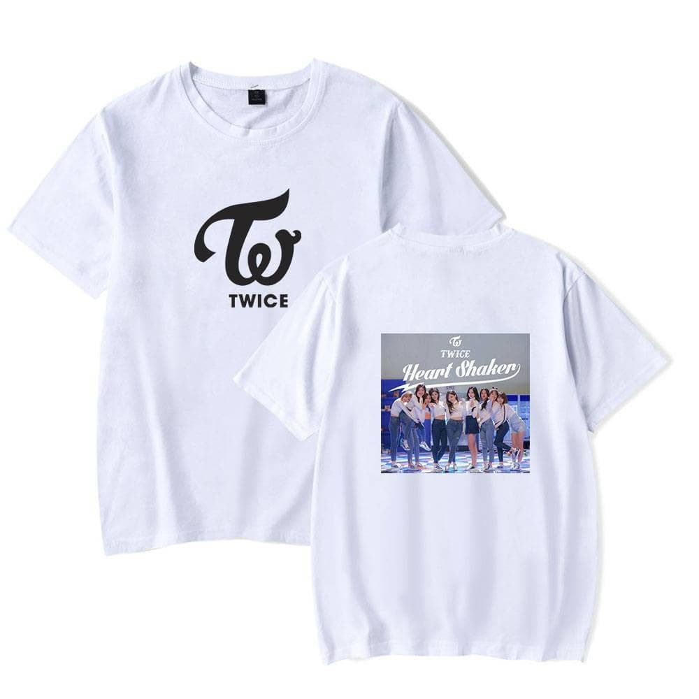 TWICE K-pop merch t-shirt featuring group photo and logo design, perfect for fans of the popular girl group. High-quality casual wear with stylish print, ideal for concerts and everyday outfits.