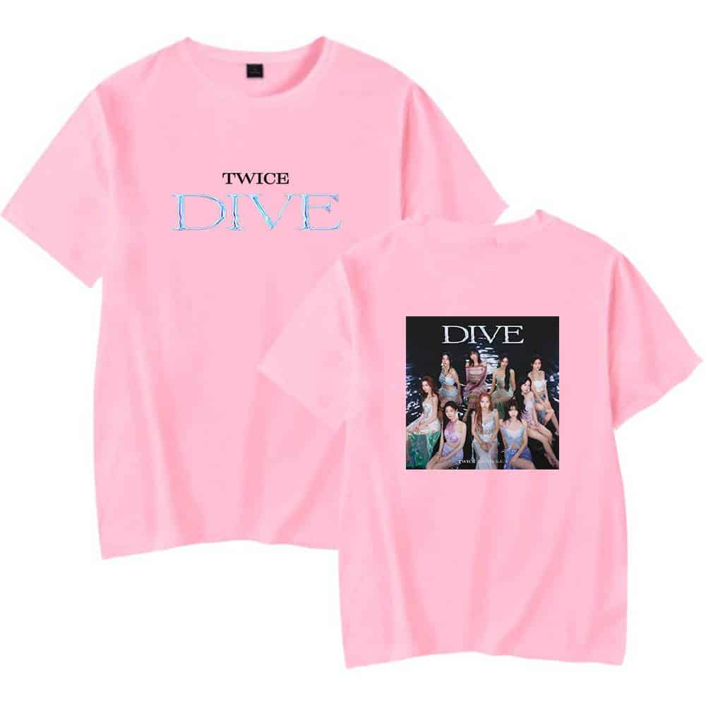 TWICE DIVE pink K-pop merch T-shirt with group photo print, trendy fan apparel for TWICE fans, stylish and comfortable, perfect for concerts and fan gatherings.