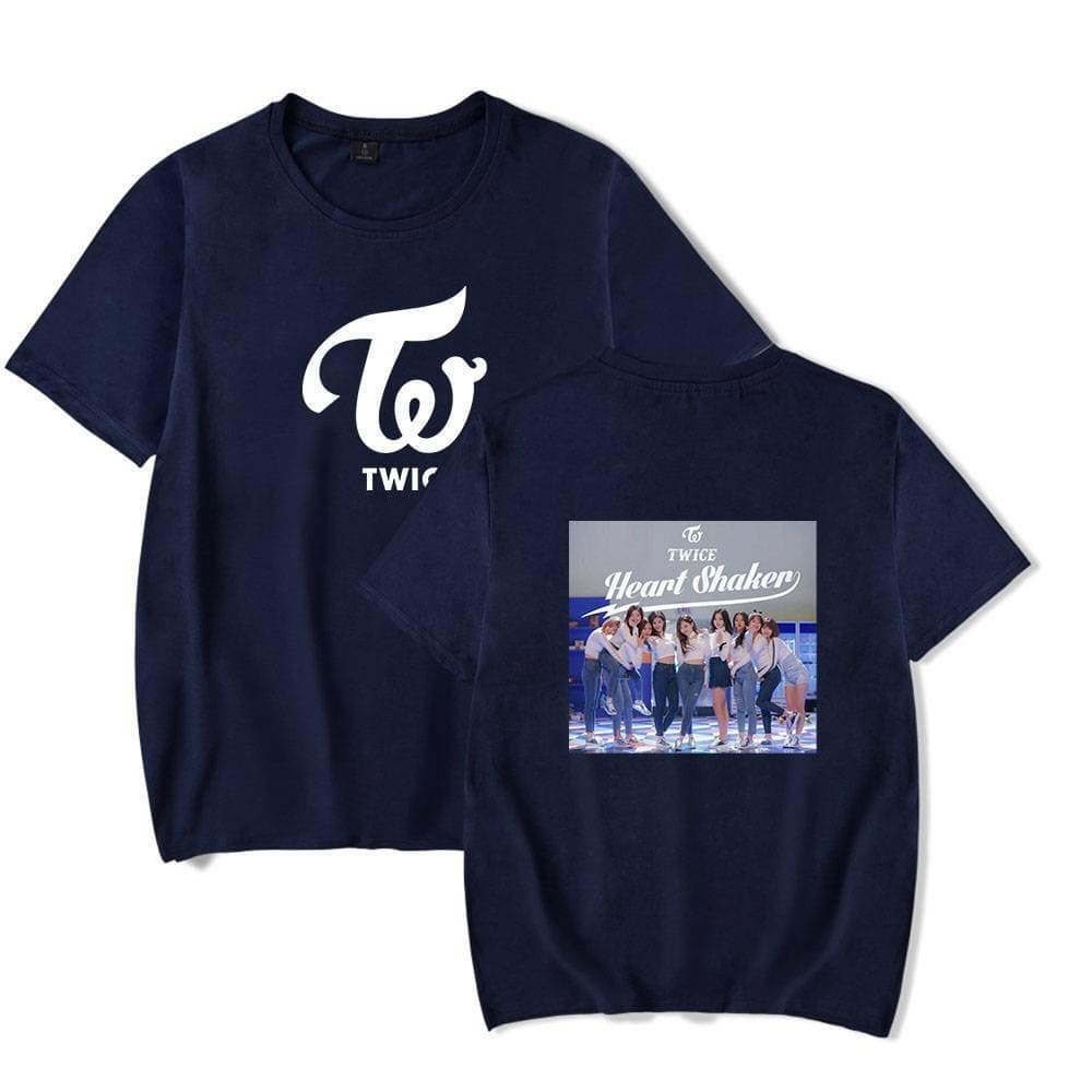 Twice kpop merch tshirt with TWICE Heart Shaker group photo print on back, perfect for fans and concerts.