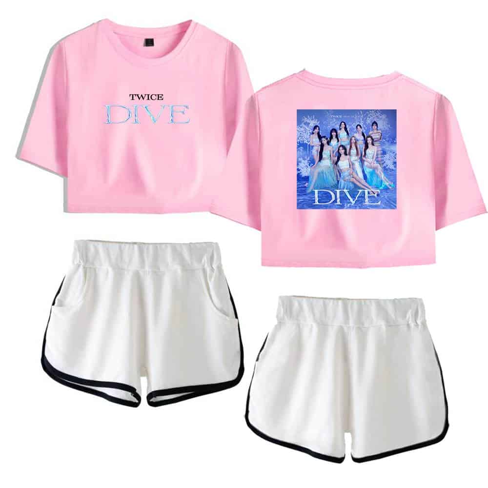 Twice kpop merch, twice merch, twice dave design pink crop top with group photo and text, stylish pink cropped T-shirt and shorts set inspired by K-pop girl group TWICE, perfect for fans and casual wear, featuring front and back designs. Relevance: Relevant, as it features Twice-themed merchandise.