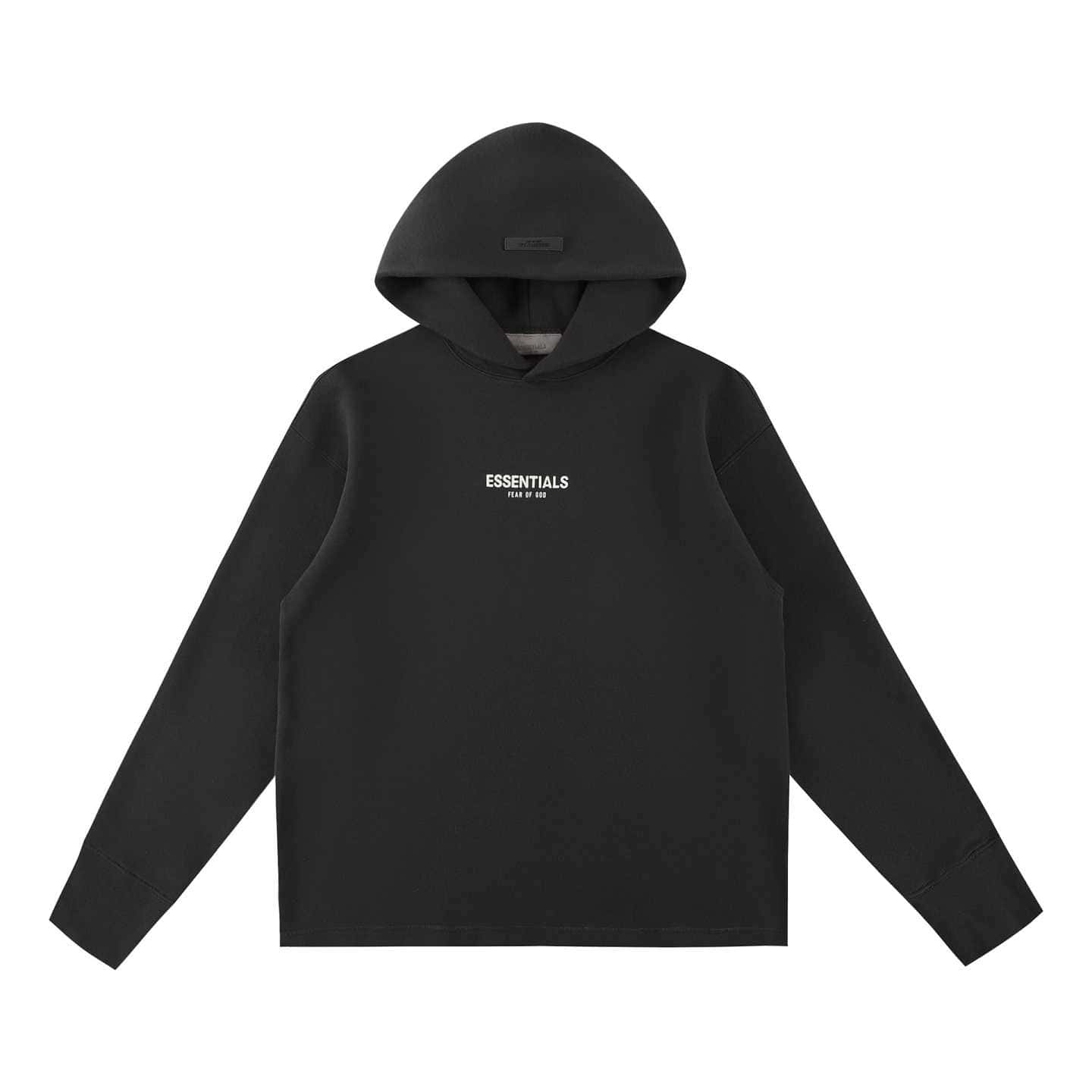 ESSENTIALS Fear of God black hoodie with small white text logo, casual streetwear style, versatile for everyday fashion, Comfortably oversized fit, perfect for layering, high-quality sweatshirt.