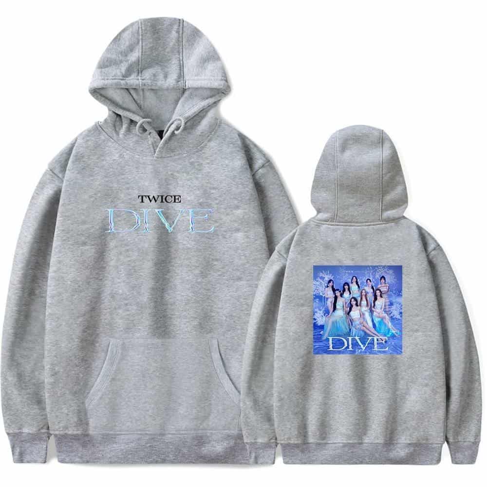 Twice kpop merch, twice hoodie with dive logo and group photo in icy blue theme, perfect for fans and collectors, featuring comfortable fabric and official design, ideal for showing support for the girl group.
