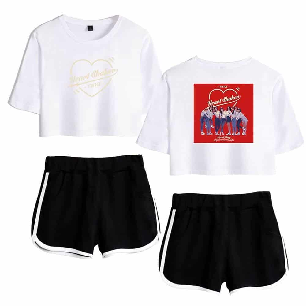 TWICE K-pop merchandise set featuring two white cropped T-shirts and two pairs of black shorts with white trim, perfect for fans to showcase their support and style.