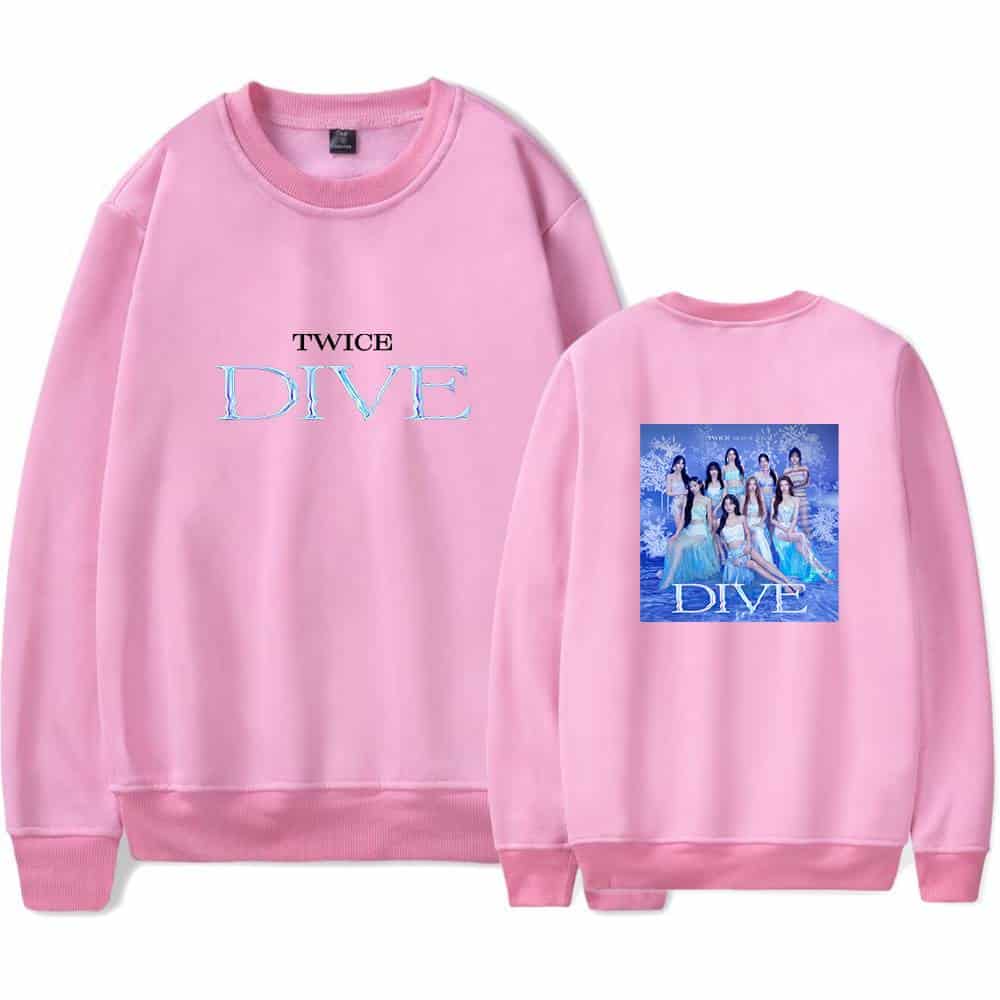 TWICE DIVE Pink sweatshirt with front text and back photo print of the girl group, perfect for K-pop merch fans.