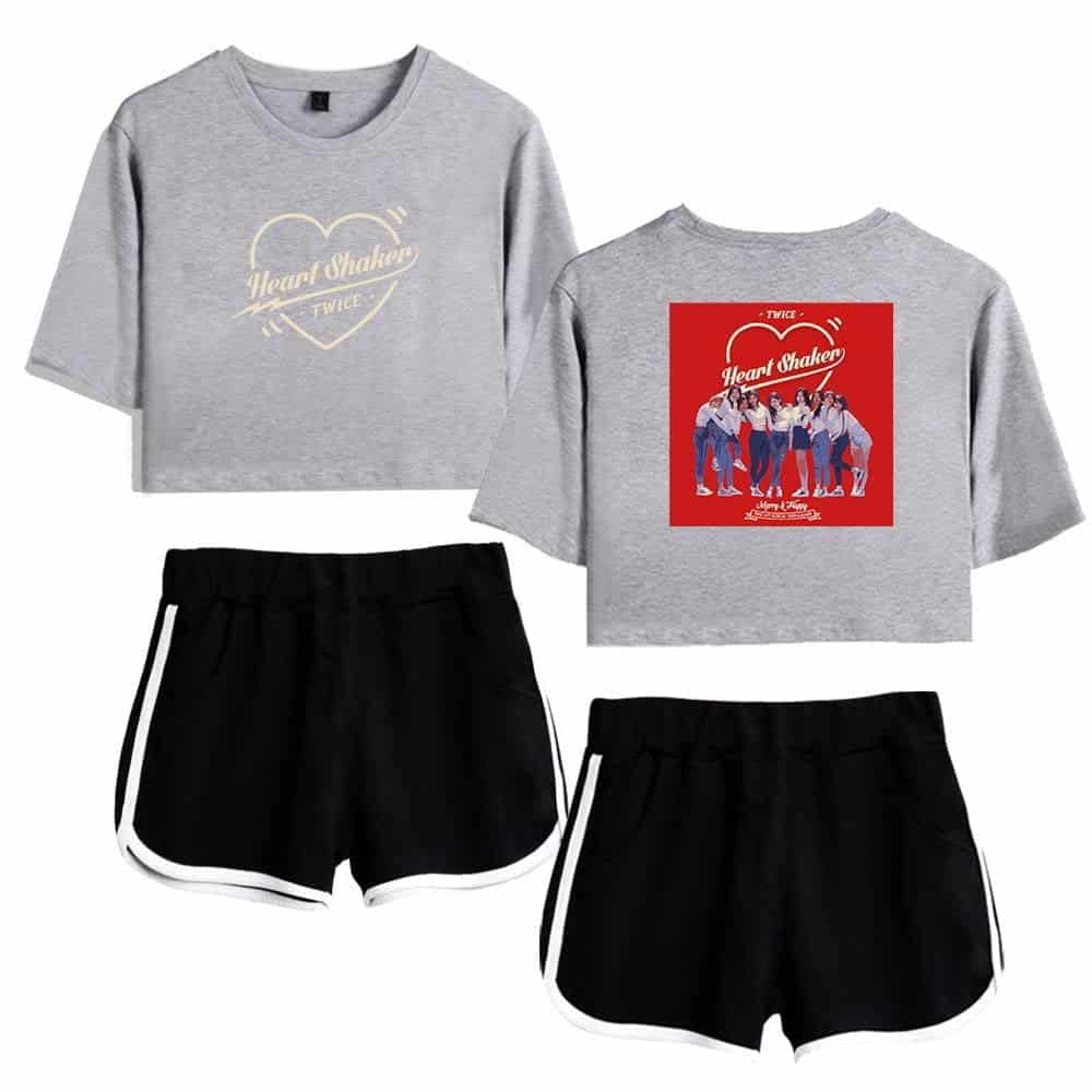 Twice kpop merch sweatshirt and shorts set image for fans.